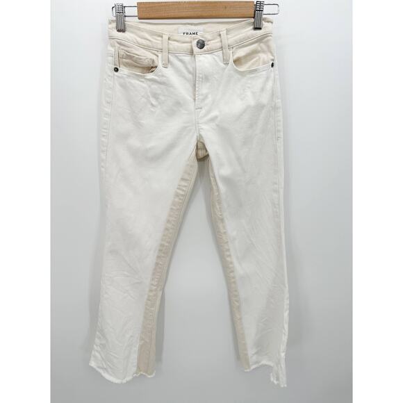 FRAME Le Crop Mini Boot Multi Cream/White‎ Cotton Blend Jeans Women's Size 25 - Picture 1 of 13